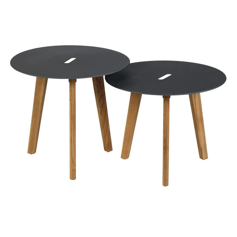 Exotan Bijzettafels Binnen/Buiten - Teak - Antraciet - Set Van 2 3 Exotan Bijzettafels Binnen/Buiten - Teak - Antraciet - Set Van 2